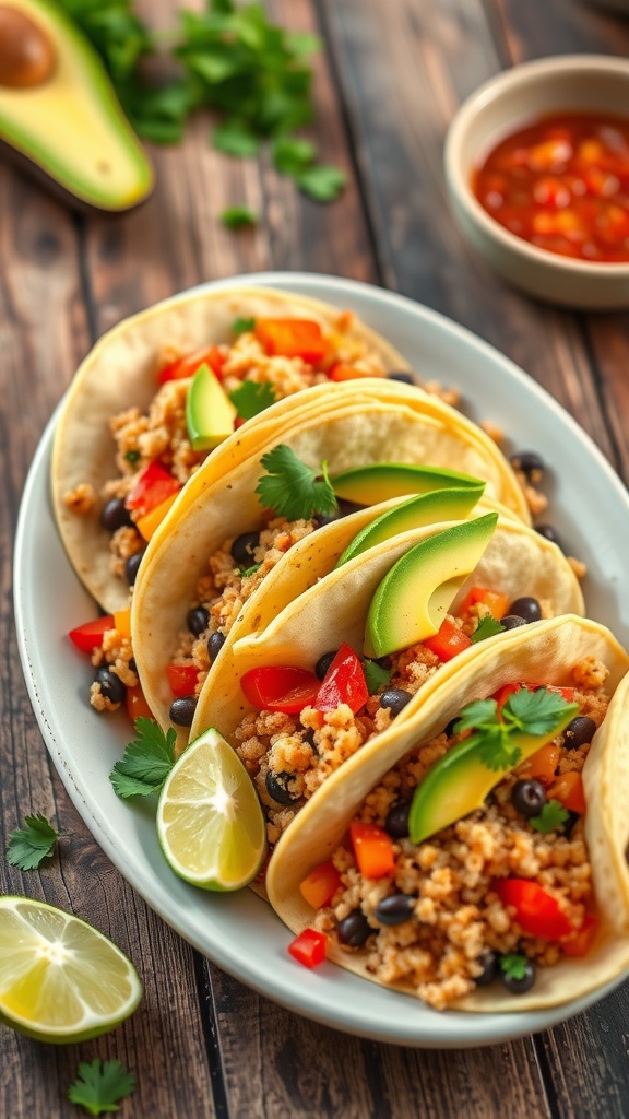 Quinoa tacos filled with black beans, bell peppers, topped with avocado and cilantro, served with lime and salsa.